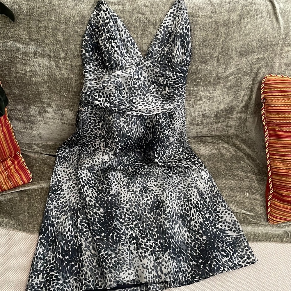 Cute black/gray silky lightweight dress. Spaghetti straps that tie behind neck.